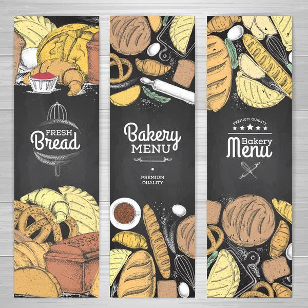 Set van retro krijt tekening Bakker banners. Bakkerij producten illustratie — Stockvector