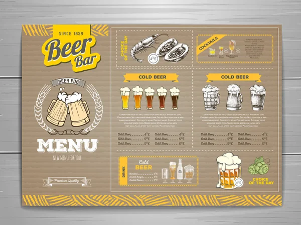 Vintage beer menu design on cardboard background. — Stock Vector