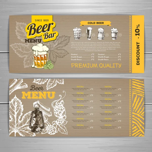 Vintage beer menu design on cardboard background. — Stock Vector