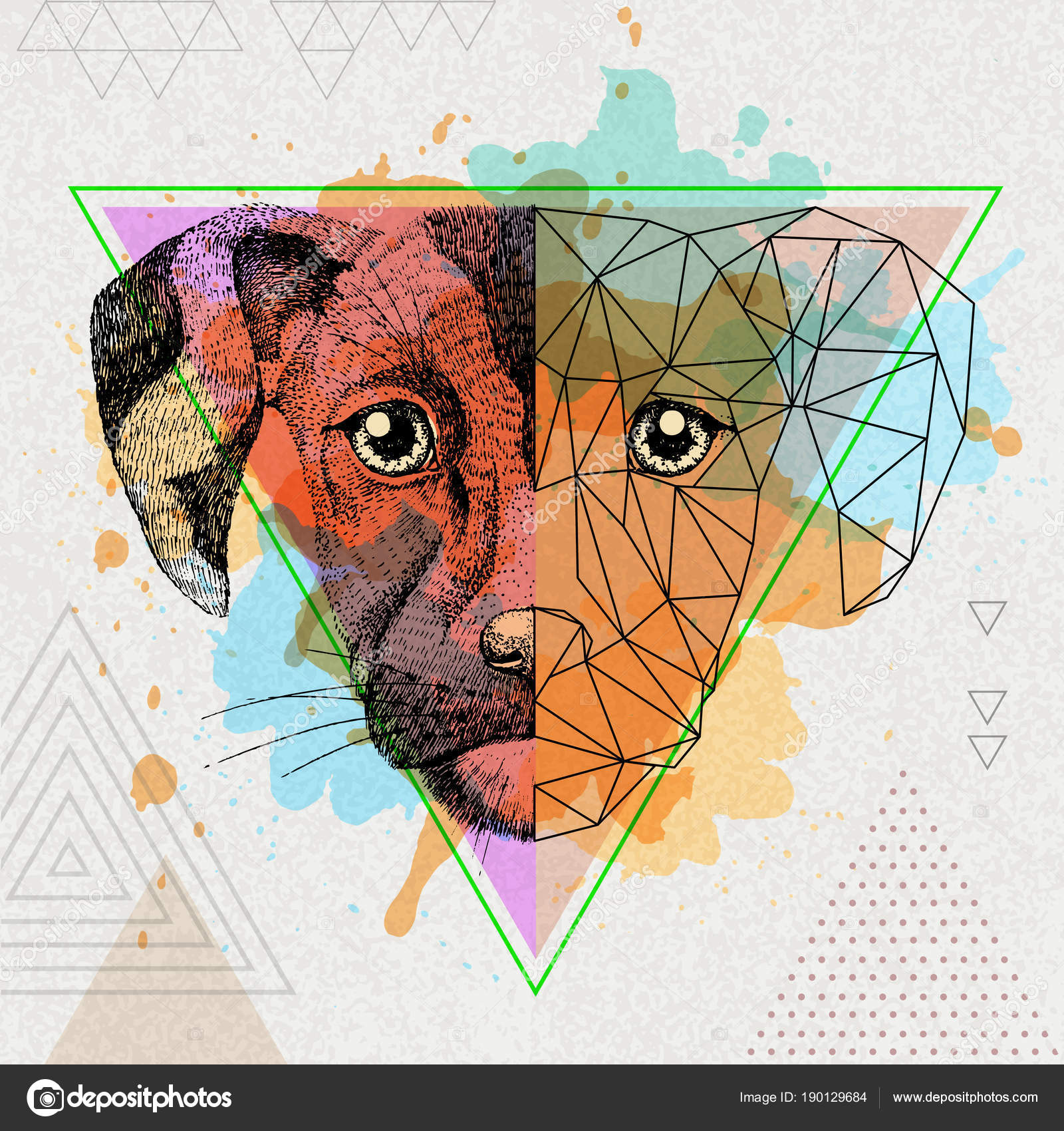 Hipster animal realistic and polygonal dog on artistic watercolor