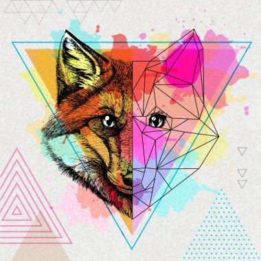 Hipster hayvan gerçekçi ve poligonal Fox'ta sanatsal suluboya arka plan
