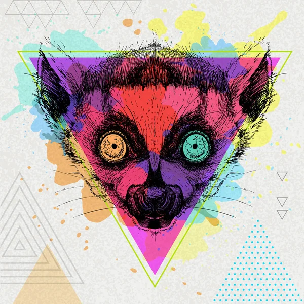 Bokovky zvířecí lemur na umělecké mnohoúhelník akvarel zázemí — Stockový vektor