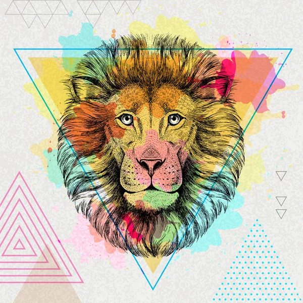 Hipster animal lion on artistic polygon watercolor background — Stock Vector