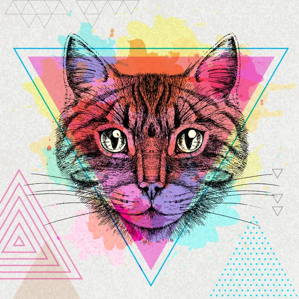 Hipster chat animal sur fond aquarelle polygone artistique — Image vectorielle
