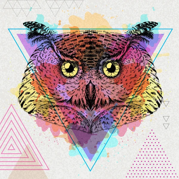 Hipster bird owl on artistic polygon watercolor background — Stock Vector