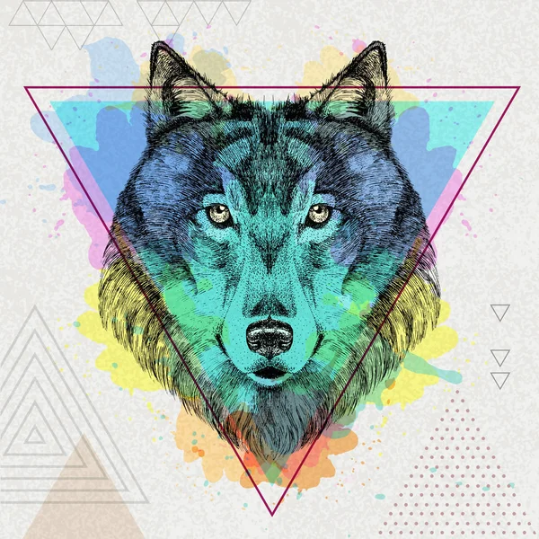 Hipster Tier Wolf auf künstlerischem Polygon Aquarell Hintergrund — Stockvektor