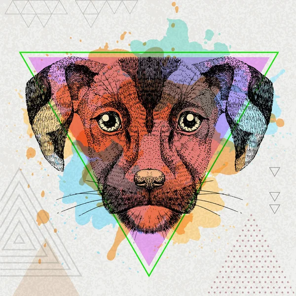 Hipster Tier Hund auf künstlerischem Polygon Aquarell Hintergrund — Stockvektor