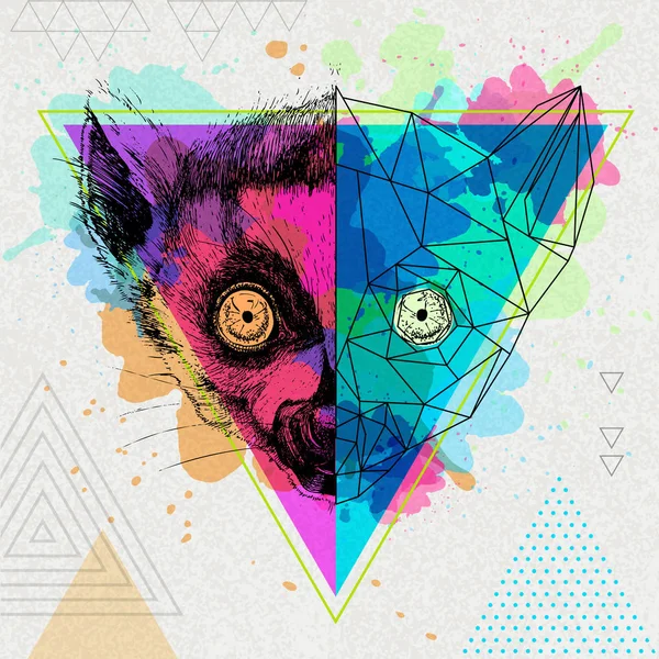 Hipster djur realistiska och polygona lemur på konstnärliga akvarell bakgrund — Stock vektor