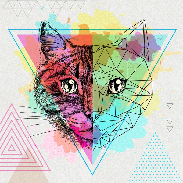 Hipster animal realista y poligonal gato en artístico acuarela fondo — Vector de stock