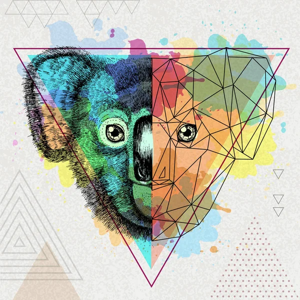 Hipster animal realista y koala poligonal sobre fondo acuarela artística — Vector de stock