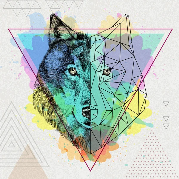 Hipster djur realistiska och polygona wolf på konstnärliga akvarell bakgrund — Stock vektor