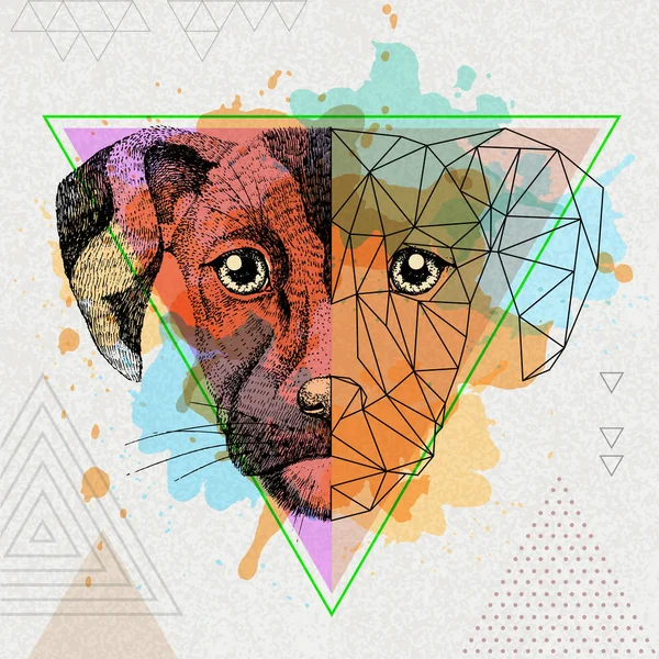Hipster animal realista y perro poligonal sobre fondo acuarela artística — Vector de stock