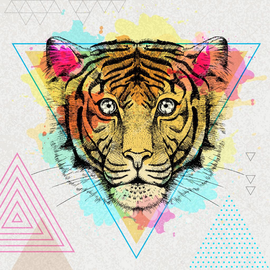 Hipster animal tiger on artistic polygon watercolor background 