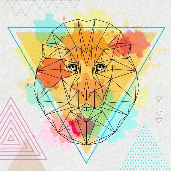Hipster león animal poligonal sobre fondo acuarela artística — Vector de stock