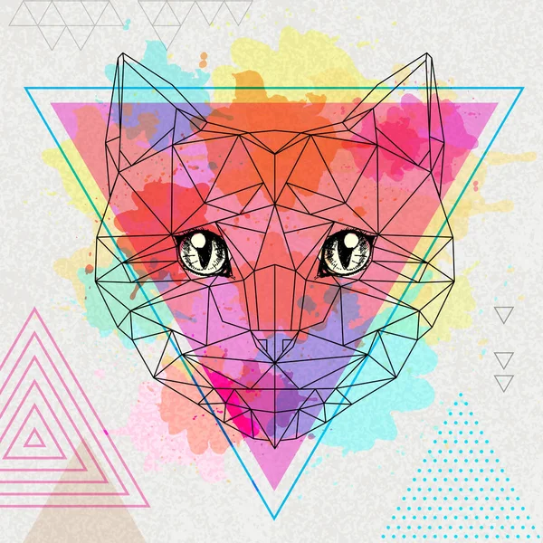 芸術的な水彩背景にヒップスター多角形動物猫 — ストックベクタ