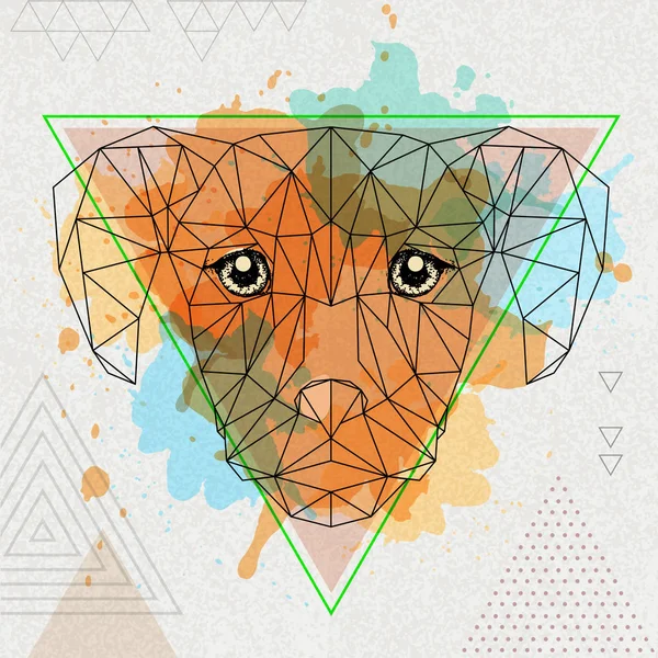 Hipster perro animal poligonal en fondo acuarela artística — Vector de stock