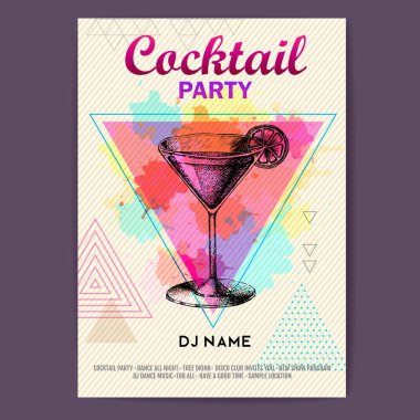 Kokteyl cosmopolitan sanatsal çokgen suluboya arka plan üzerinde. Disko parti poster
