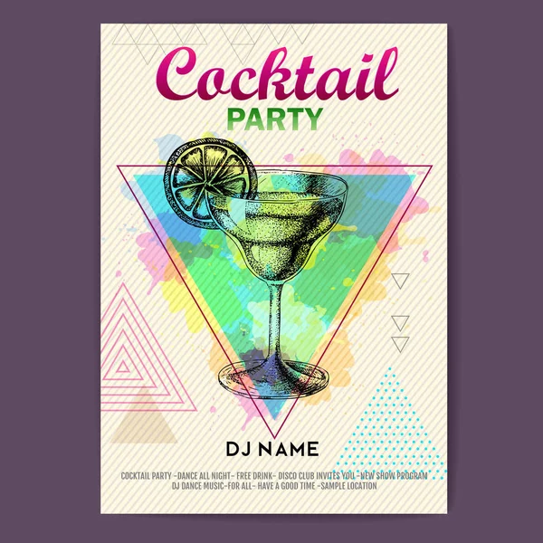 Cocktail margarita on artistic polygon watercolor background. Cocktail disco party poster — Stock Vector