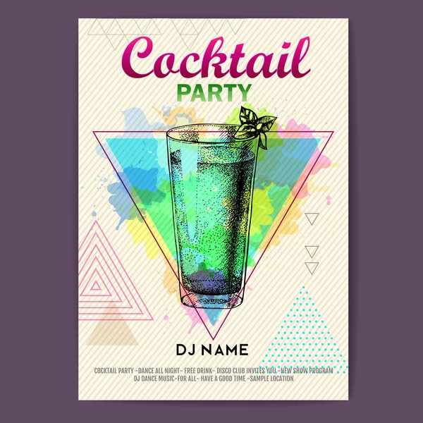 Cocktail mojito sur fond aquarelle polygone artistique. Cocktail affiche de fête disco — Image vectorielle