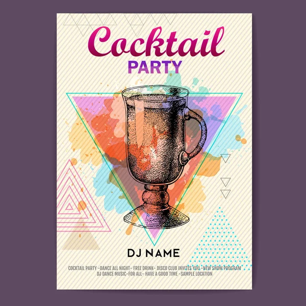 Cocktail irish coffee on artistic polygon watercolor background.Cocktail disco party poster — Stock Vector