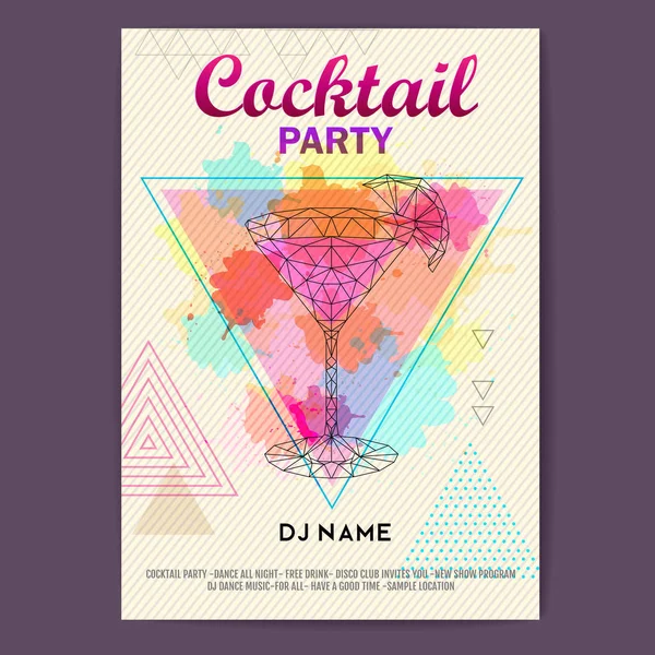 Triangolo Cocktail cosmopolita su sfondo artistico poligono acquerello. Cocktail disco party poster — Vettoriale Stock