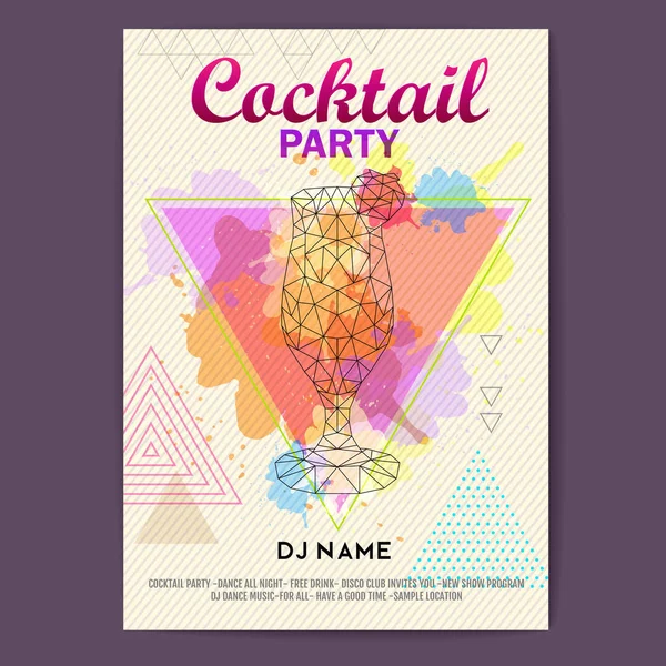 Triangolo Cocktail daiquiri su sfondo artistico poligono acquerello. Cocktail disco party poster — Vettoriale Stock