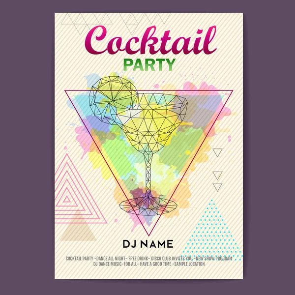 Trojúhelník koktejl margarita na umělecké mnohoúhelník akvarel zázemí. Disco párty plakát — Stockový vektor