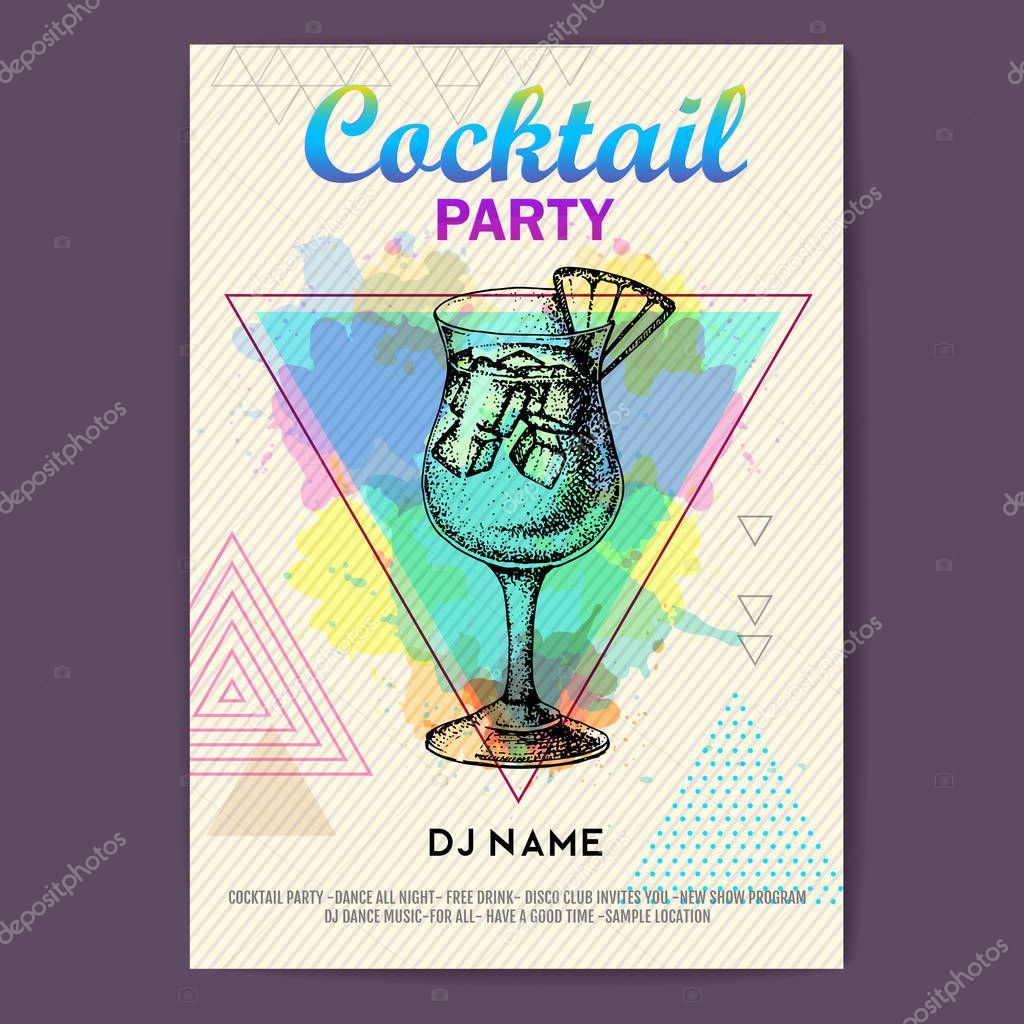 Cocktail blue hawaii on artistic polygon watercolor background. Cocktail disco party poster