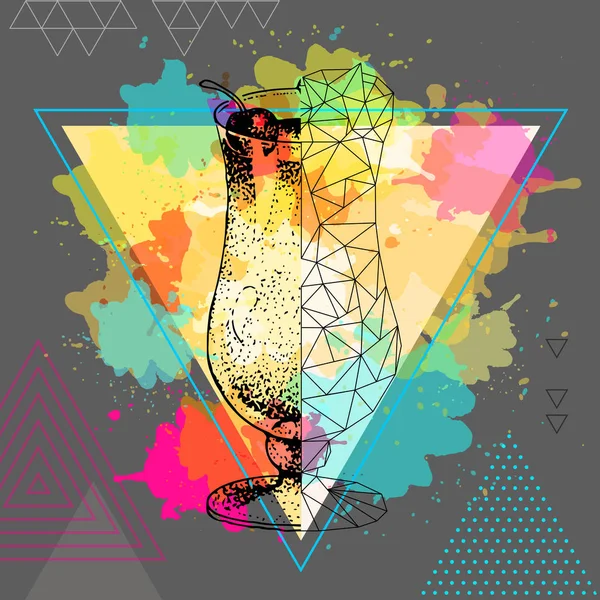 Hipster realista y poligonal cóctel pina colada en fondo acuarela artística — Vector de stock