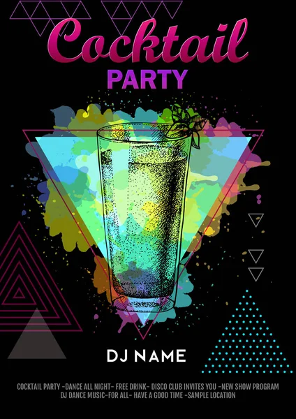 Mojito cocktail su sfondo artistico poligono acquerello. Cocktail disco party poster — Vettoriale Stock