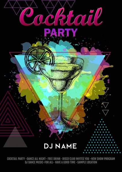 Cocktail margarita em fundo aquarela polígono artístico. Cocktail disco festa cartaz — Vetor de Stock