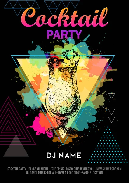 Cocktail pina colada on artistic polygon watercolor background. Cocktail disco party poster — Stock Vector