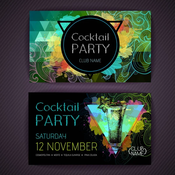 Cocktail absinthe on artistic polygon watercolor background. Cocktail disco party poster — Stock Vector