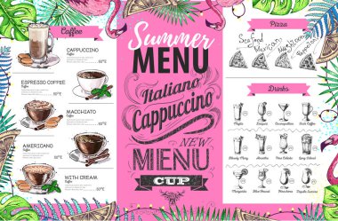Flamingo ve tropik yapraklarla el yapımı yaz menüsü tasarımı. Restoran menüsü