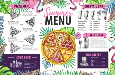 Flamingo ve tropik yapraklarla el yapımı yaz menüsü tasarımı. Restoran menüsü