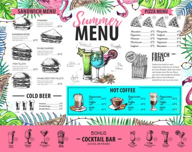 Flamingo ve tropik yapraklarla el yapımı yaz menüsü tasarımı. Restoran menüsü