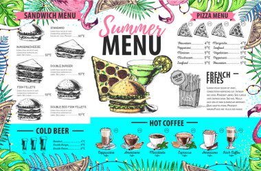 Flamingo ve tropik yapraklarla el yapımı yaz menüsü tasarımı. Restoran menüsü
