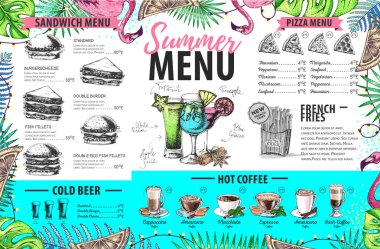 Flamingo ve tropik yapraklarla el yapımı yaz menüsü tasarımı. Restoran menüsü