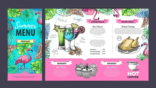 Dessin à la main design de menu d'été avec flamant rose et feuilles tropiques. Menu restaurant — Image vectorielle