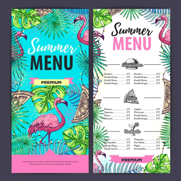 Disegno a mano disegno menu estivo con fenicottero e foglie tropicali. Menù ristorante — Vettoriale Stock