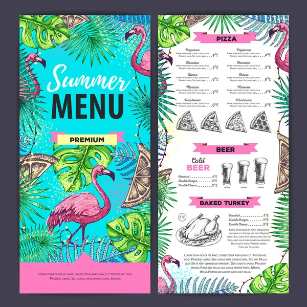 Дизайн летнего меню ручной работы с фламинго и тропическими листьями. Меню ресторана — стоковый вектор
