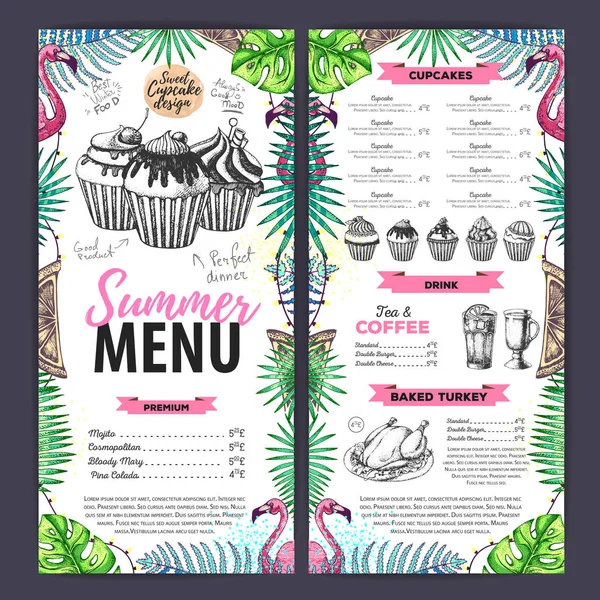 Dibujo a mano de diseño de menú de verano con flamenco y hojas tropicales. Menú restaurante — Vector de stock