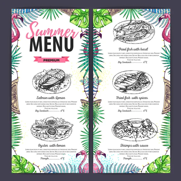 Hand drawing summer menu design with flamingo and tropic leaves. Restaurant menu — Stock Vector