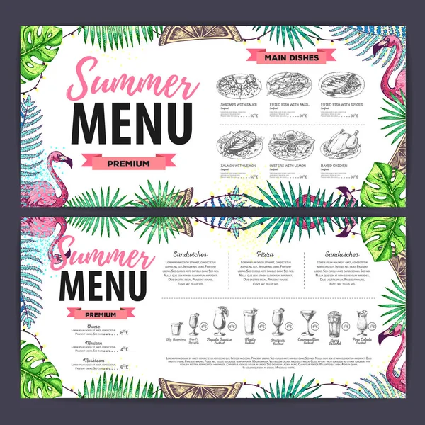 Ręcznie rysowane letnie menu z liśćmi flaminga i tropiku. Menu restauracji — Wektor stockowy