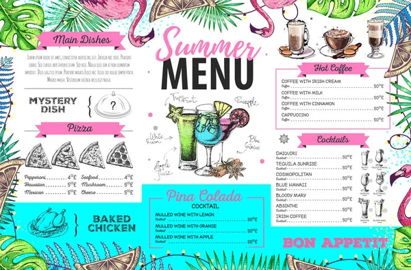 Desenho à mão design menu de verão com flamingo e folhas trópicas. Menu restaurante — Vetor de Stock