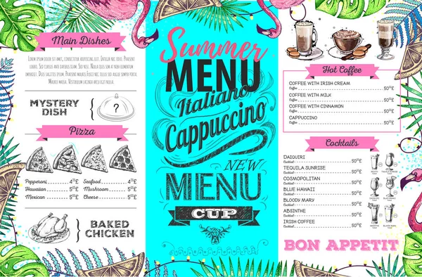 Handtekening zomermenu ontwerp met flamingo en tropisch blad. Restaurant menu — Stockvector