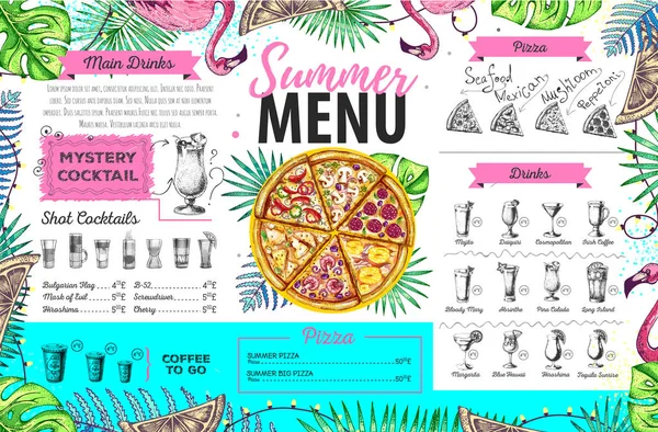 Ručně kreslení letní menu design s plameňákem a tropické listy. Menu restaurace — Stockový vektor