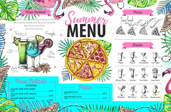 Dibujo a mano de diseño de menú de verano con flamenco y hojas tropicales. Menú restaurante — Vector de stock