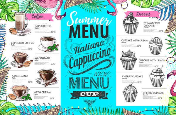 Ručně kreslení letní menu design s plameňákem a tropické listy. Menu restaurace — Stockový vektor