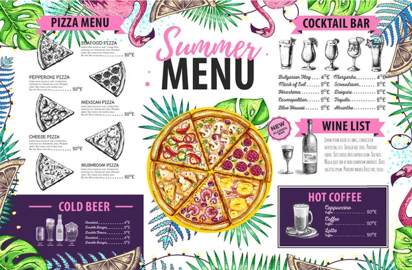 Hand drawing summer menu design with flamingo and tropic leaves. Restaurant menu — Stock Vector